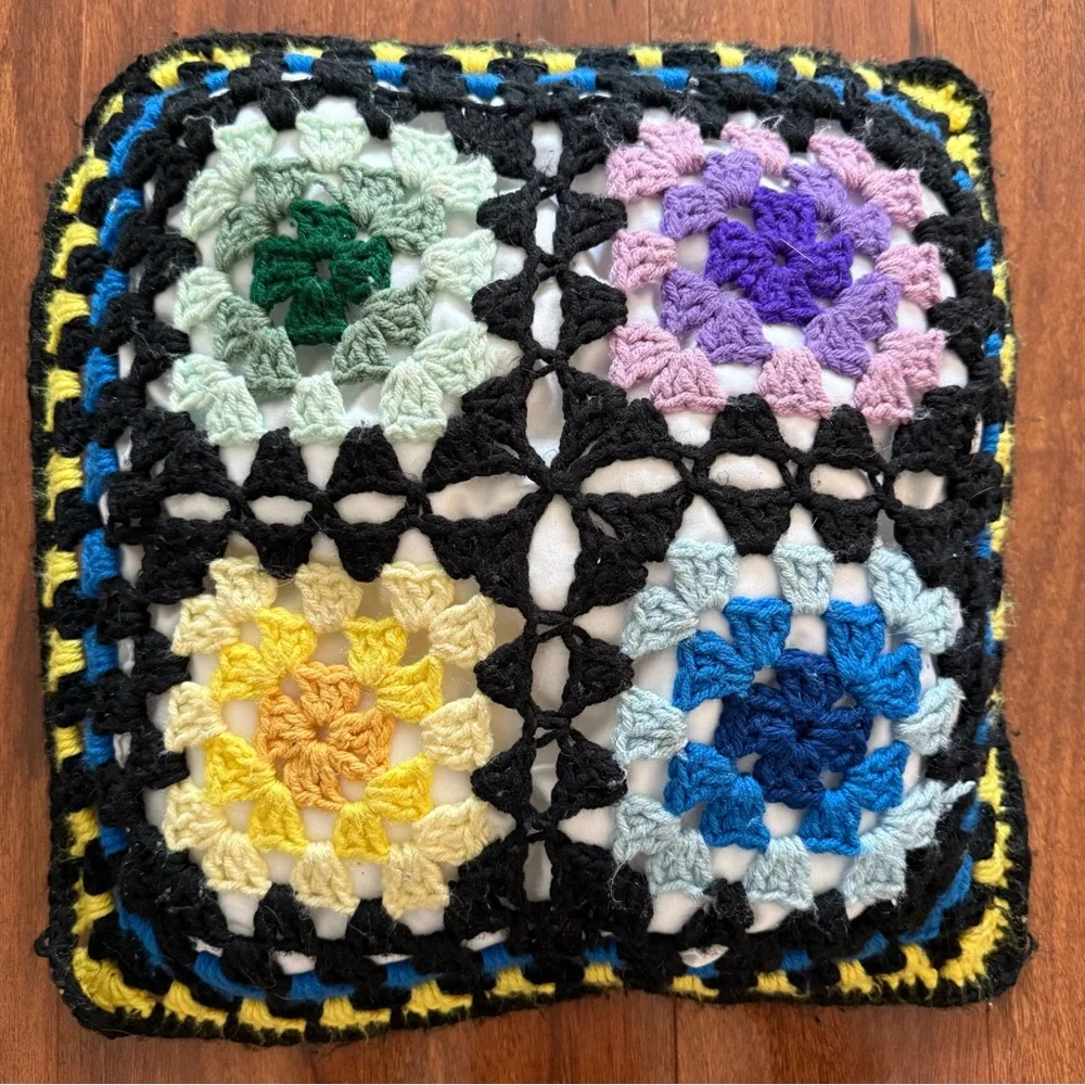 Crochet Granny Square Throw Pillow 17” Multicolor Boho Retro Decor VTG Style